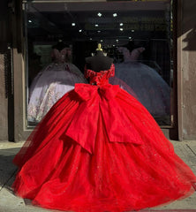 Misshow Off-Shoulder Sweetheart Ball Gown Red Tulle Quinceanera & Evening Party Dress for Sweet 16