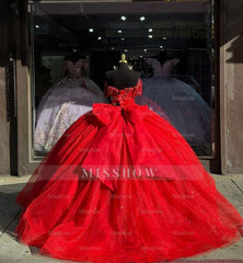 Misshow Off-Shoulder Sweetheart Ball Gown Red Tulle Quinceanera & Evening Party Dress for Sweet 16