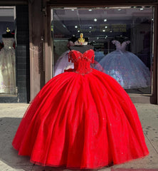 Misshow Off-Shoulder Sweetheart Ball Gown Red Tulle Quinceanera & Evening Party Dress for Sweet 16