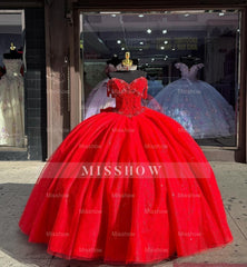 Misshow Off-Shoulder Sweetheart Ball Gown Red Tulle Quinceanera & Evening Party Dress for Sweet 16