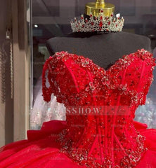 Misshow Off-Shoulder Sweetheart Ball Gown Red Tulle Quinceanera & Evening Party Dress for Sweet 16