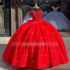 Misshow Off-Shoulder Sweetheart Ball Gown Red Tulle Quinceanera & Evening Party Dress for Sweet 16