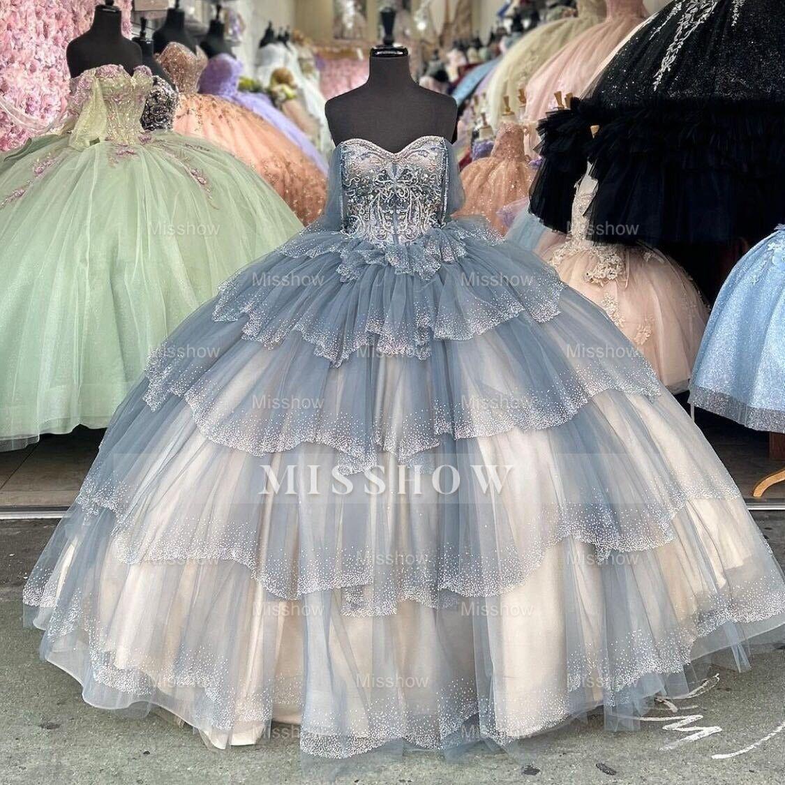 Misshow Off-Shoulder Tiered Ruffles Ball Gown Princess Quinceanera & Sweet 16 Birthday Party Dress