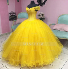 Misshow Off-Shoulder Yellow Tulle Ball Gown Floor-Length Quinceanera & Sweet 16 Princess Dress