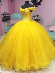 Misshow Off-Shoulder Yellow Tulle Ball Gown Floor-Length Quinceanera & Sweet 16 Princess Dress