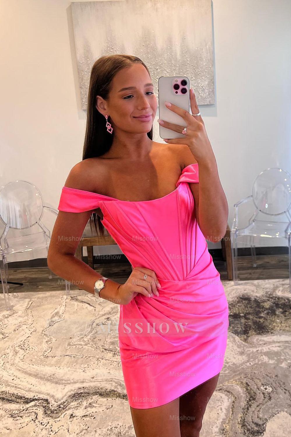 Misshow Off the Shoulder Light Pink Corset Ruched Tight Short Homecoming Dress/Mini Dress