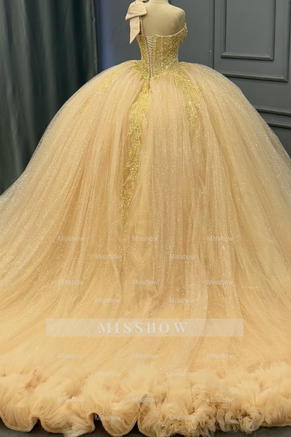 Misshow One-Shoulder Ball Gown with Beaded Bow Knot & Glitter Tiered Tulle Champagne Quinceanera & Sweet 16 Party Dress