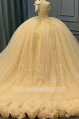 Misshow One-Shoulder Ball Gown with Beaded Bow Knot & Glitter Tiered Tulle Champagne Quinceanera & Sweet 16 Party Dress