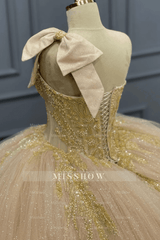Misshow One-Shoulder Ball Gown with Beaded Bow Knot & Glitter Tiered Tulle Champagne Quinceanera & Sweet 16 Party Dress