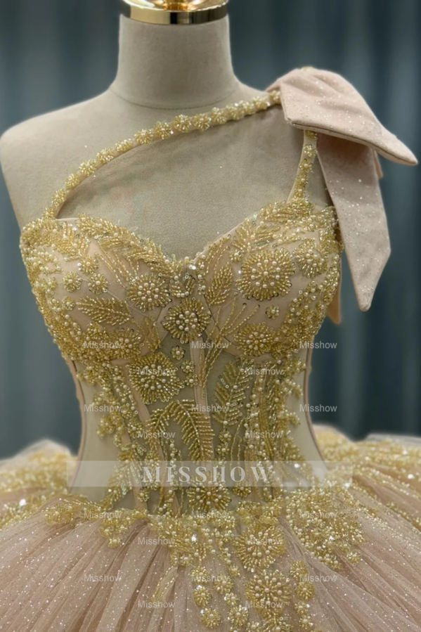 Misshow One-Shoulder Ball Gown with Beaded Bow Knot & Glitter Tiered Tulle Champagne Quinceanera & Sweet 16 Party Dress