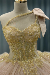 Misshow One-Shoulder Ball Gown with Beaded Bow Knot & Glitter Tiered Tulle Champagne Quinceanera & Sweet 16 Party Dress