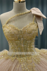Misshow One-Shoulder Ball Gown with Beaded Bow Knot & Glitter Tiered Tulle Champagne Quinceanera & Sweet 16 Party Dress