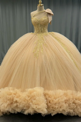 Misshow One-Shoulder Ball Gown with Beaded Bow Knot & Glitter Tiered Tulle Champagne Quinceanera & Sweet 16 Party Dress