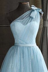 Misshow One Shoulder Blue Homecoming Dress/Mini Dress With Bowknot