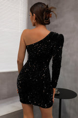Misshow One Shoulder Sequin Little Black Dress