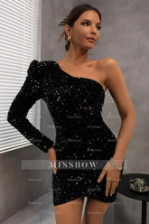 Misshow One Shoulder Sequin Little Black Dress