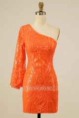 Misshow Orange Beaded Sequins One Shoulder Tight Homecoming Dress/Mini Dress