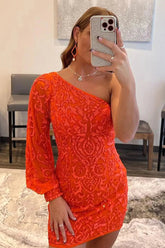 Misshow Orange Beaded Sequins One Shoulder Tight Homecoming Dress/Mini Dress