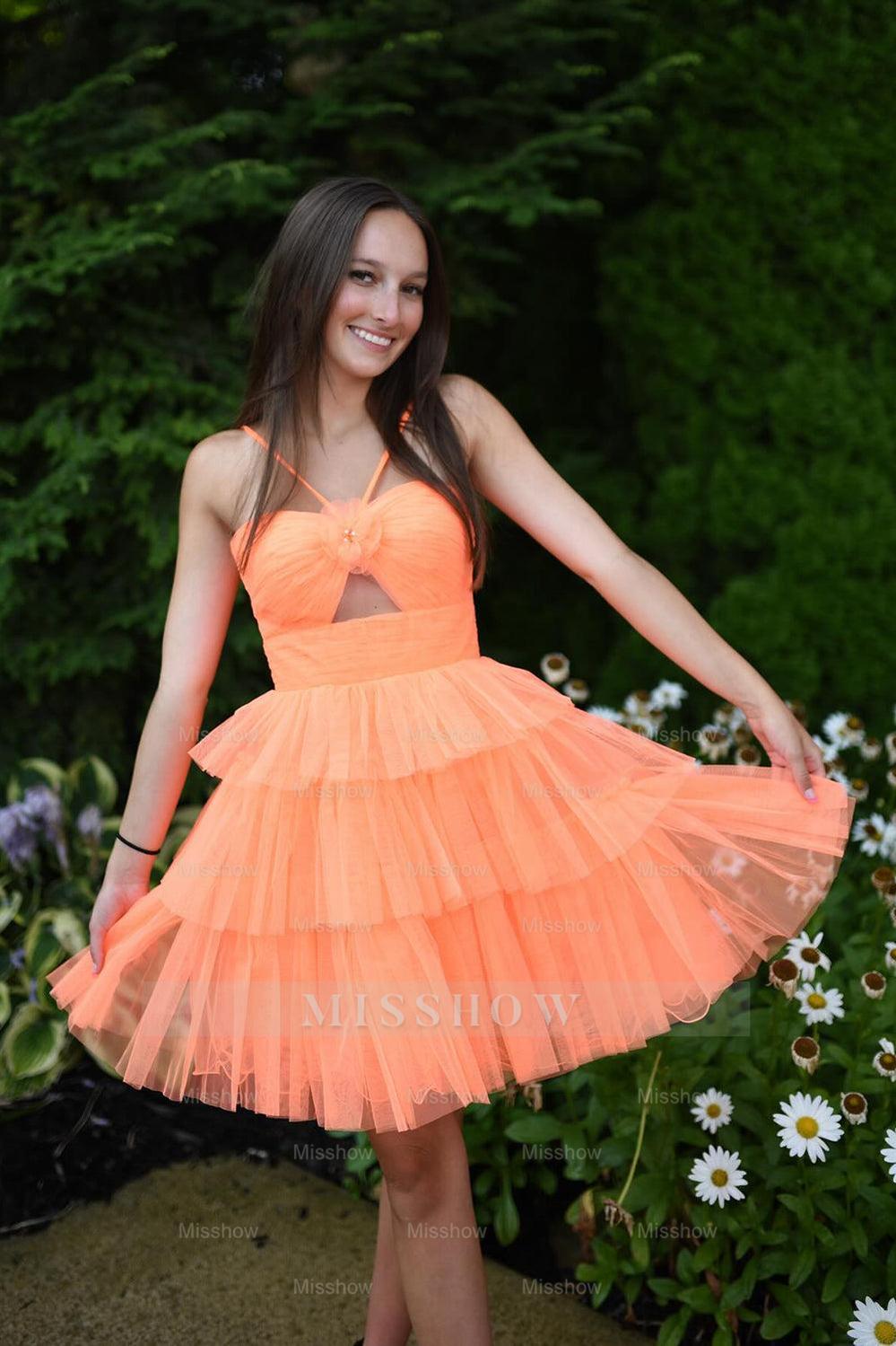 Misshow Orange Halter Ruffled A-Line Short Homecoming Dress/Mini Dress