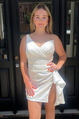 Misshow Orange One Shoulder Tight Satin Homecoming Dress/Mini Dress with Slit