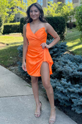 Misshow Orange One Shoulder Tight Satin Homecoming Dress/Mini Dress with Slit