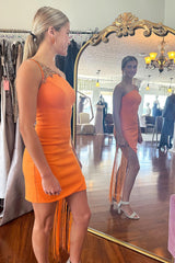 Misshow Orange One Shoulder Tight Short Homecoming Dress/Mini Dress With Fringes