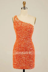 Misshow Orange Open Back One Shoulder Sequins Tight Homecoming Dress/Mini Dress