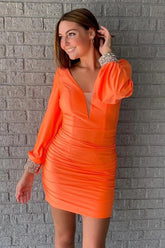 Misshow Orange Ruched Tight Homecoming Dress/Mini Dress