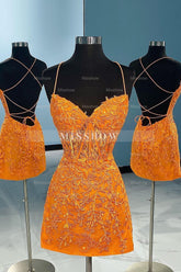 Misshow Orange Spaghetti Straps Tight Short Homecoming Dress/Mini Dress with Appliques