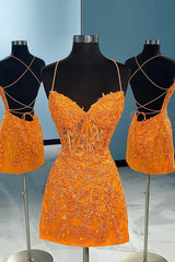 Misshow Orange Spaghetti Straps Tight Short Homecoming Dress/Mini Dress with Appliques