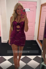 Misshow Peacock Blue Halter Satin Tight Short Homecoming Dress/Mini Dress