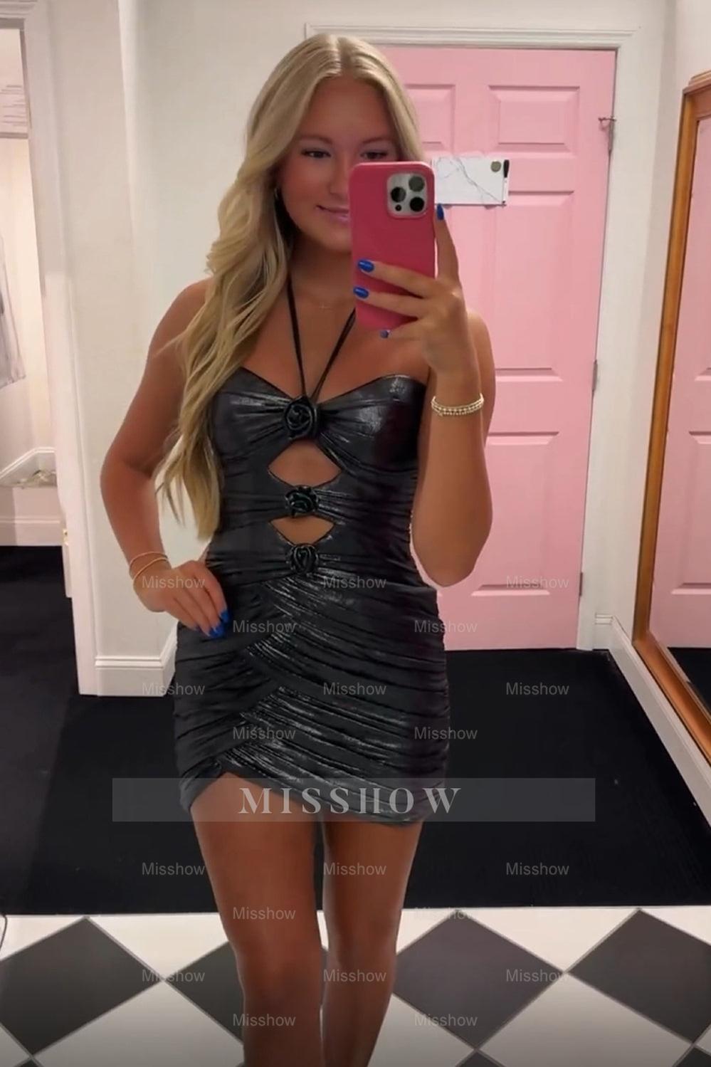 Misshow Peacock Blue Halter Satin Tight Short Homecoming Dress/Mini Dress