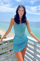 Misshow Peacock Blue Sparkly Beaded Strapless Tight Short Homecoming Dress/Mini Dress