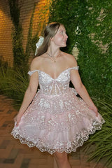 Misshow Pink A-Line Off the Shoulder Tiered Short Homecoming Dress/Mini Dress