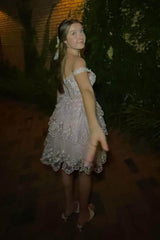 Misshow Pink A-Line Off the Shoulder Tiered Short Homecoming Dress/Mini Dress