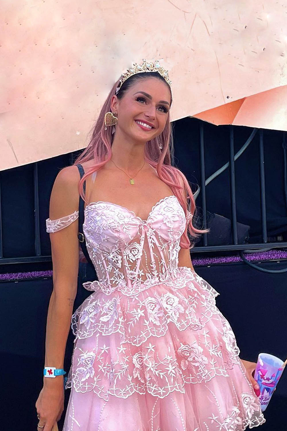 Misshow Pink A-Line Off the Shoulder Tiered Short Homecoming Dress/Mini Dress