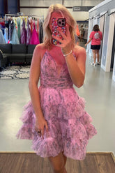 Misshow Pink A Line Ruffled Short Homecoming Dress/Mini Dress