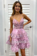 Misshow Pink A Line Ruffled Spaghetti Straps Short Homecoming Dress/Mini Dress