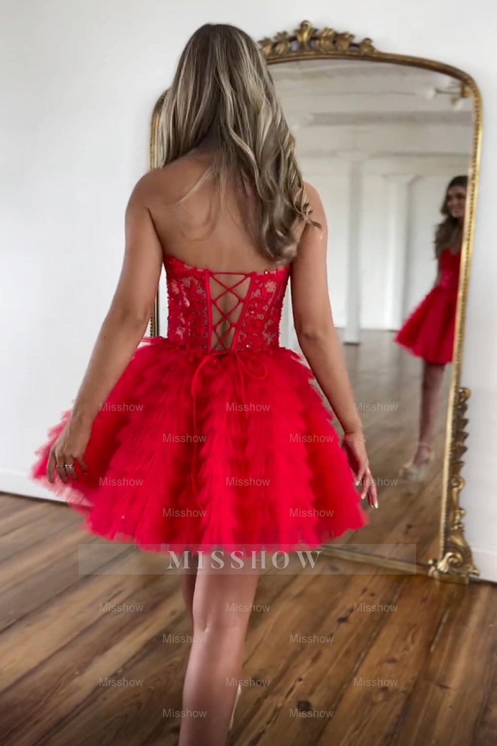 Misshow Pink A Line Strapless Tiered Short Homecoming Dress/Mini Dress With Appliques