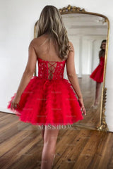 Misshow Pink A Line Strapless Tiered Short Homecoming Dress/Mini Dress With Appliques