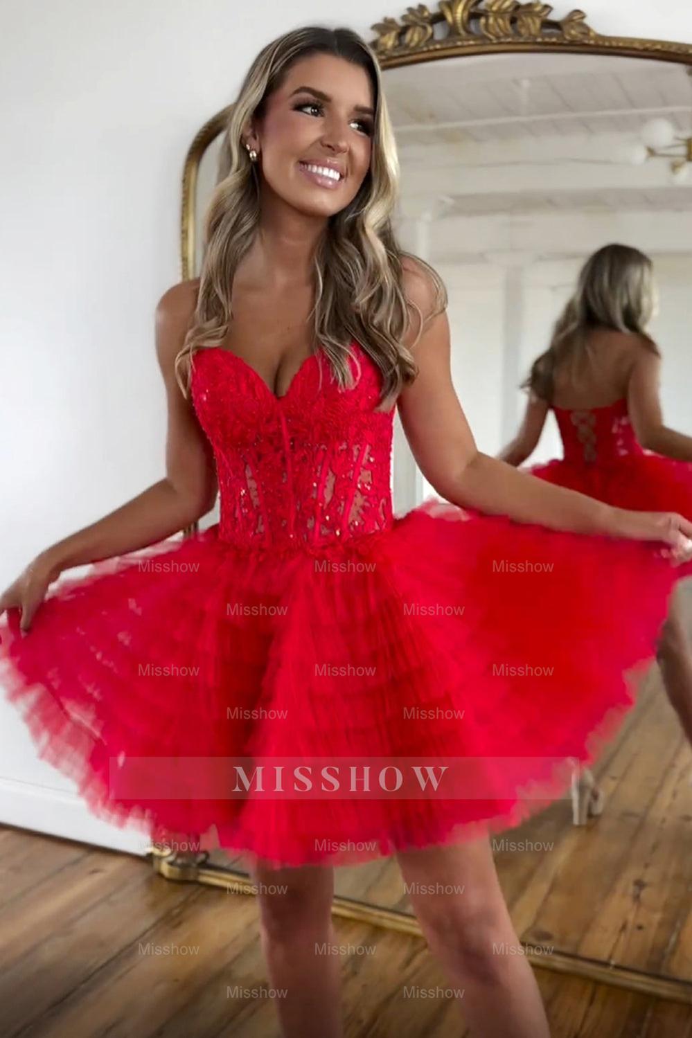 Misshow Pink A Line Strapless Tiered Short Homecoming Dress/Mini Dress With Appliques