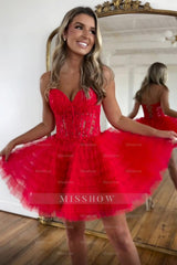 Misshow Pink A Line Strapless Tiered Short Homecoming Dress/Mini Dress With Appliques