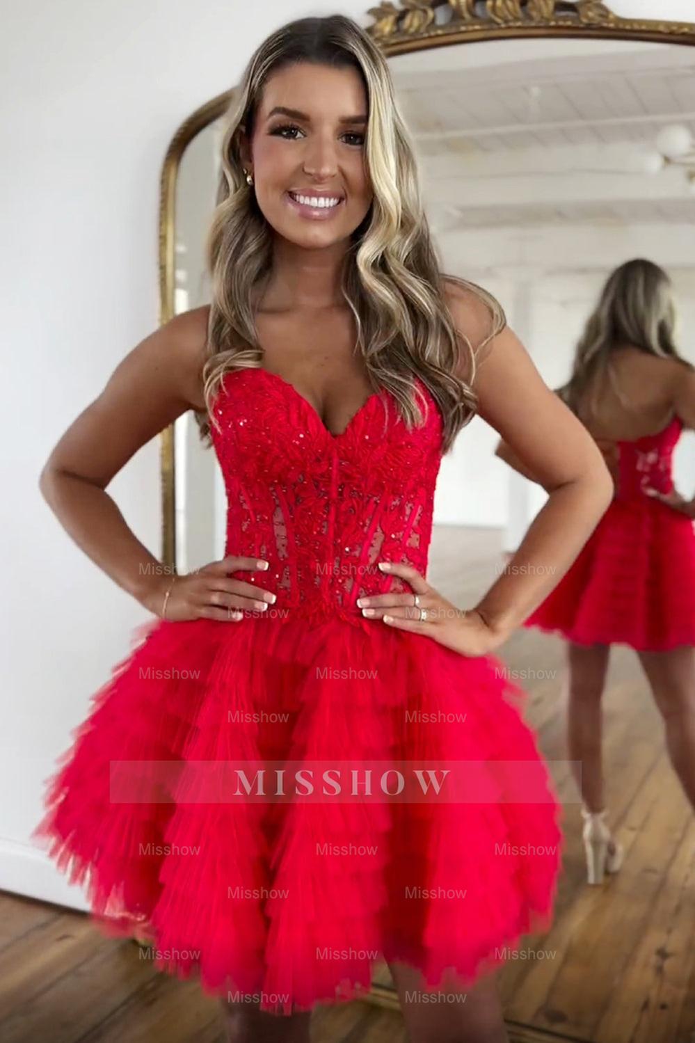 Misshow Pink A Line Strapless Tiered Short Homecoming Dress/Mini Dress With Appliques