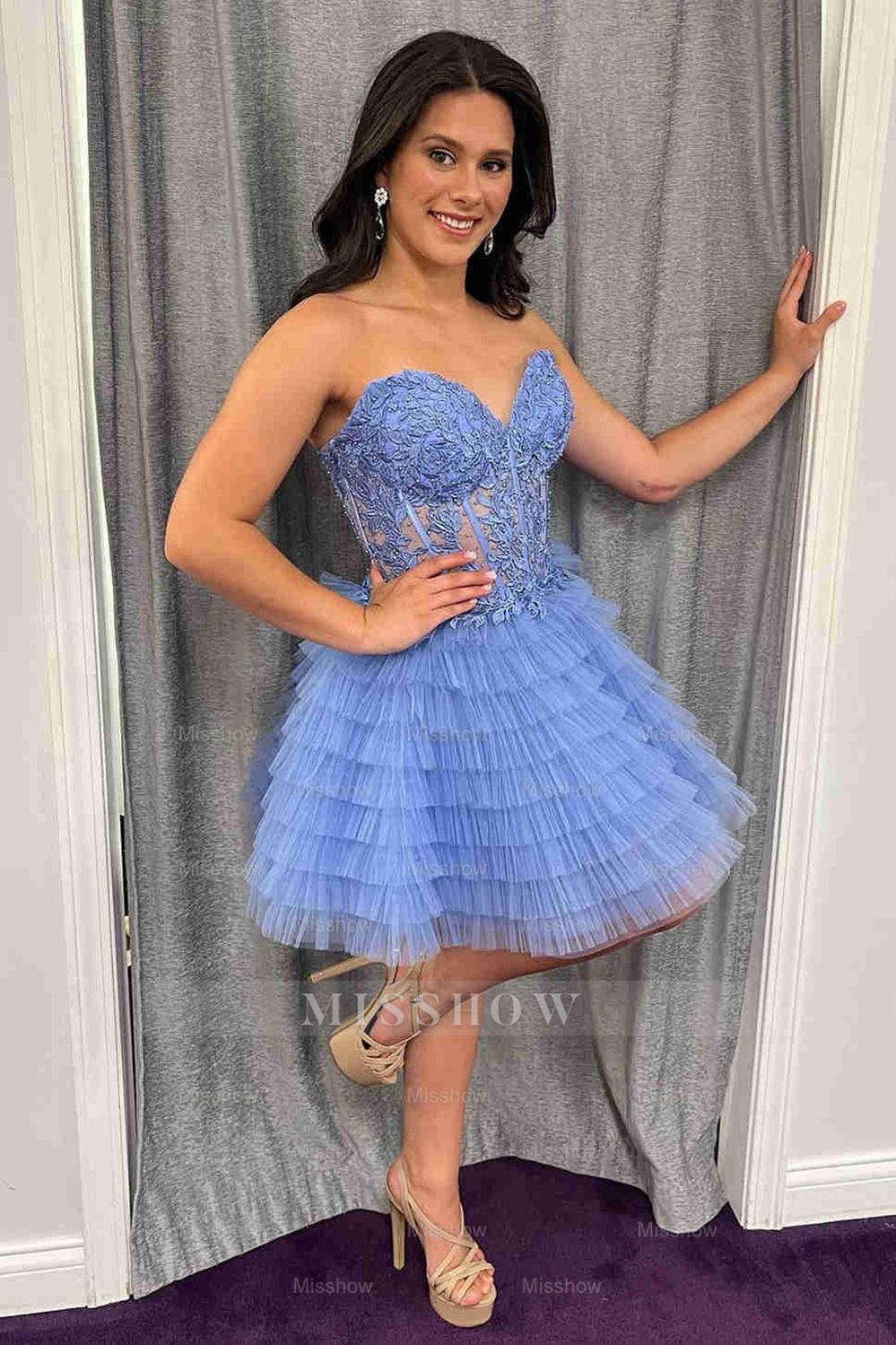 Misshow Pink A Line Strapless Tiered Short Homecoming Dress/Mini Dress With Appliques