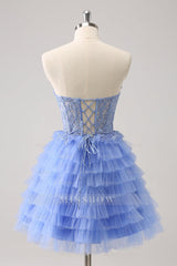 Misshow Pink A Line Strapless Tiered Short Homecoming Dress/Mini Dress With Appliques