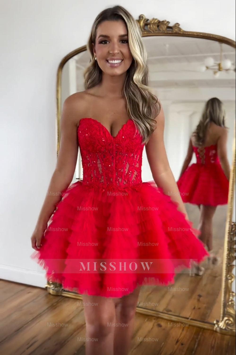 Misshow Pink A Line Strapless Tiered Short Homecoming Dress/Mini Dress With Appliques