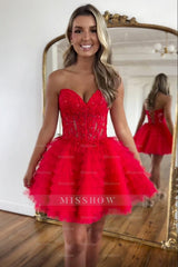 Misshow Pink A Line Strapless Tiered Short Homecoming Dress/Mini Dress With Appliques