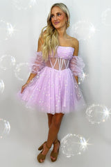 Misshow Pink Corset Detachable Sleeves A-Line Tulle Homecoming Dress/Mini Dress