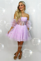 Misshow Pink Corset Detachable Sleeves A-Line Tulle Homecoming Dress/Mini Dress