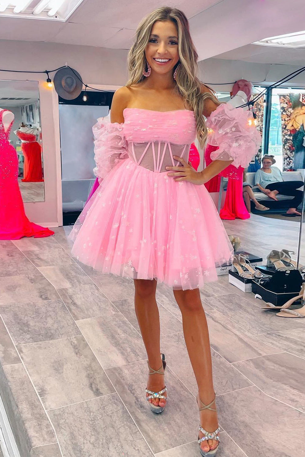 Misshow Pink Corset Detachable Sleeves A-Line Tulle Homecoming Dress/Mini Dress
